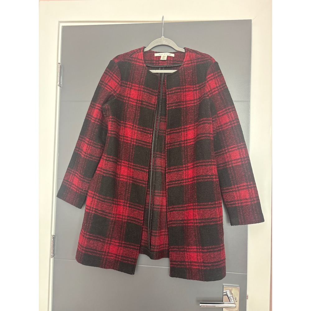 MAX STUDIO Womens Red Black‎ Plaid Collarless Open Front Coat Jacket M